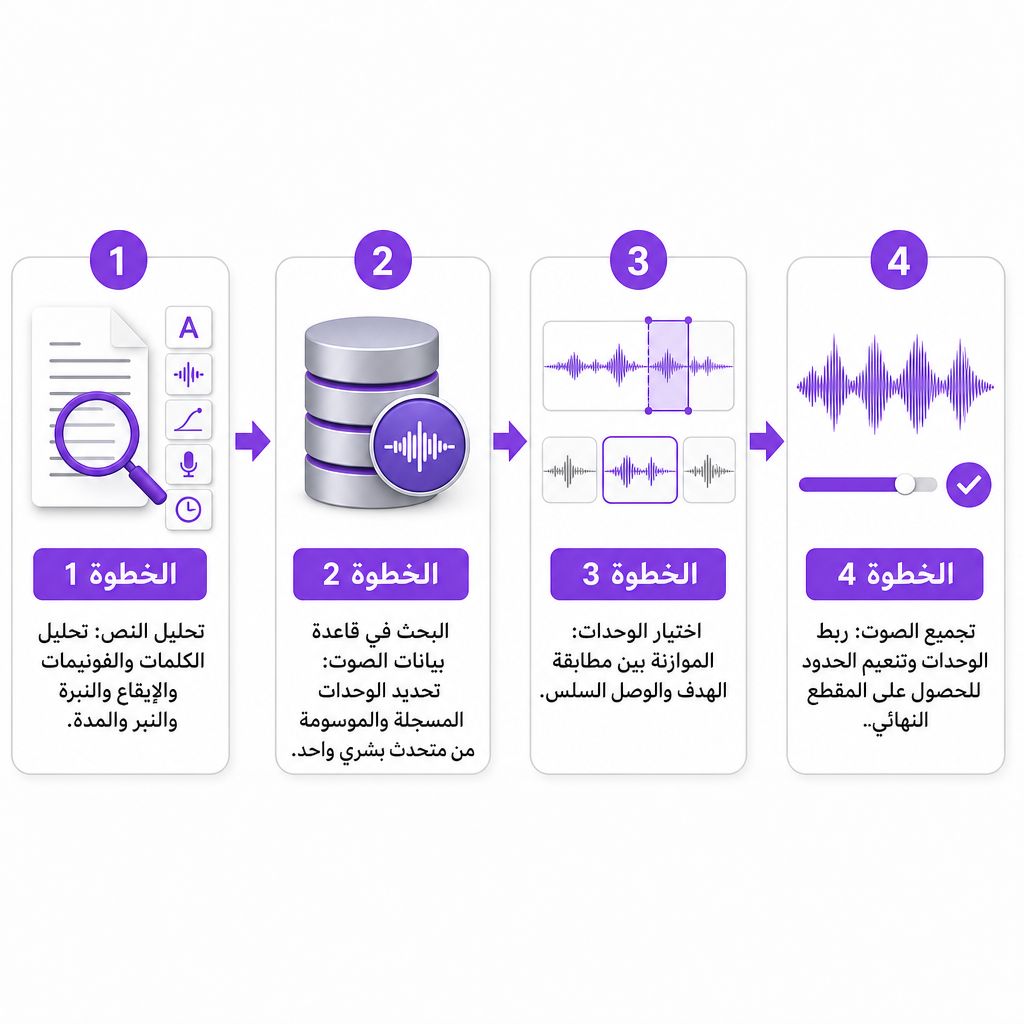 رسم تخطيطي من أربع خطوات يوضح تحليل النص والبحث في قاعدة بيانات الصوت واختيار الوحدات وتجميع الصوت