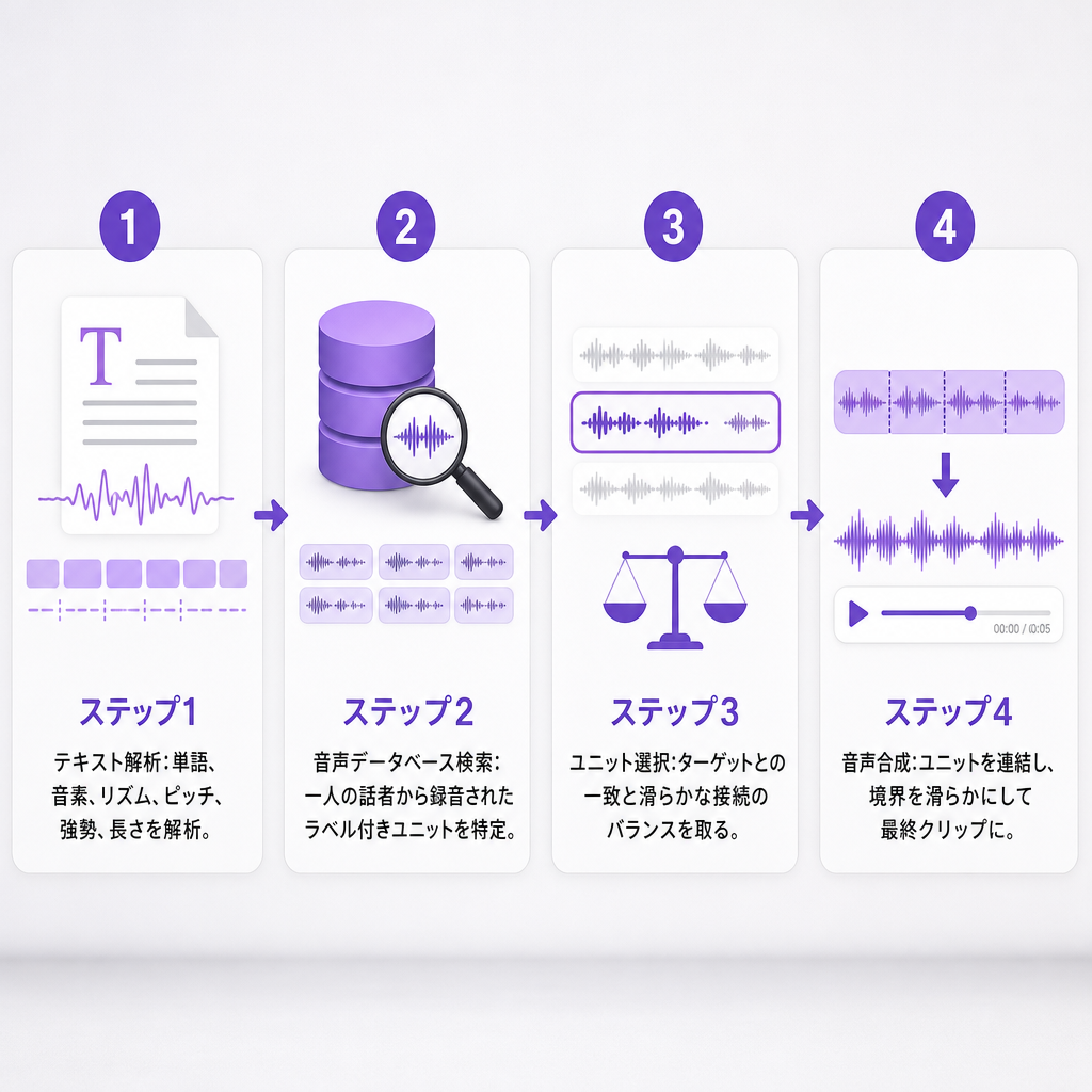 テキスト解析、音声データベース検索、ユニット選択、音声合成を示す4ステップの図