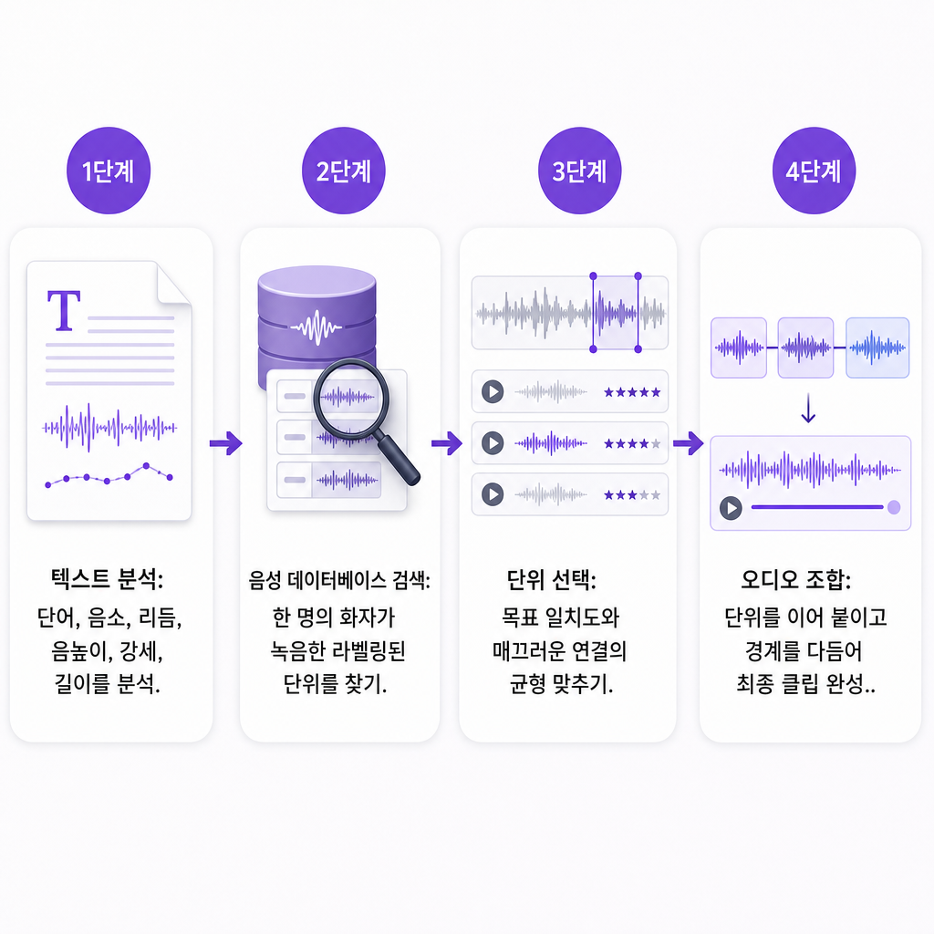 텍스트 분석, 음성 데이터베이스 검색, 단위 선택, 오디오 조합을 보여주는 4단계 다이어그램
