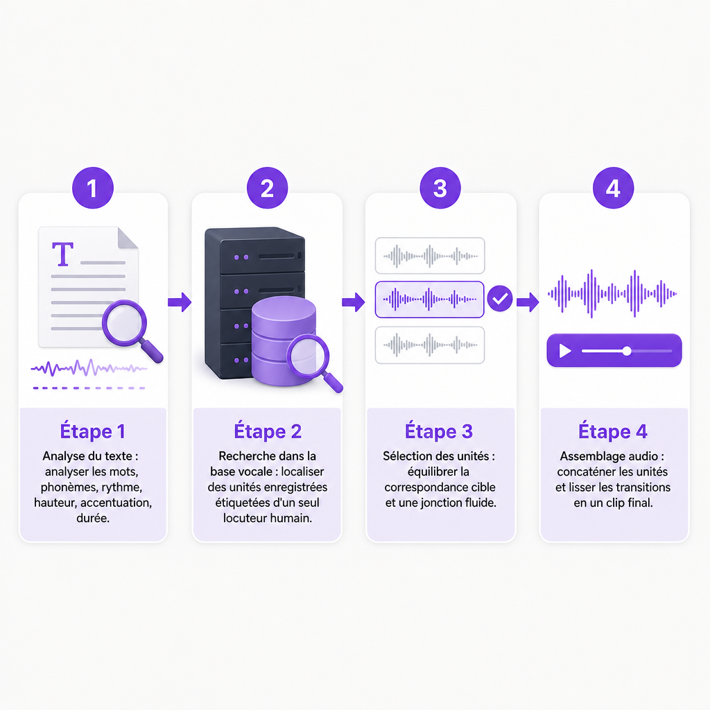 Schéma en quatre étapes montrant l'analyse du texte, la recherche dans la base vocale, la sélection des unités et l'assemblage audio