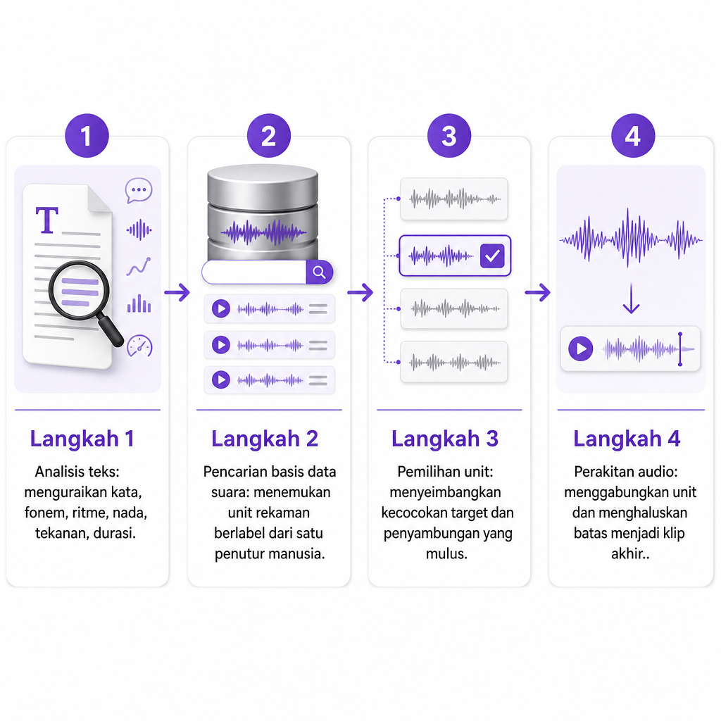 Diagram empat langkah yang menunjukkan analisis teks, pencarian basis data suara, pemilihan unit, dan perakitan audio