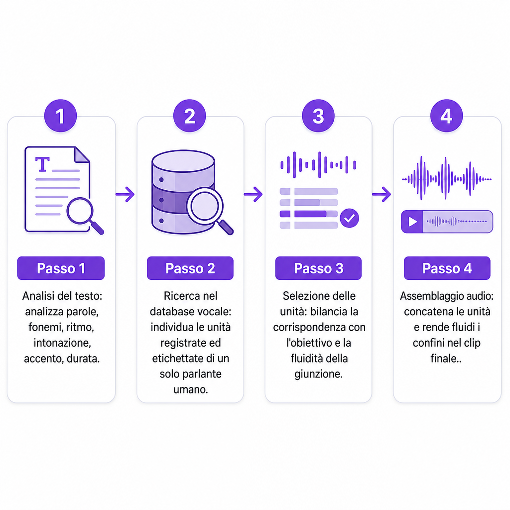 Diagramma in quattro passi che mostra analisi del testo, ricerca nel database vocale, selezione delle unità e assemblaggio audio