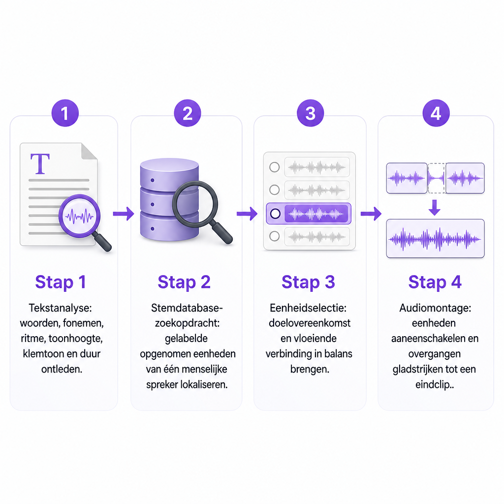 Diagram in vier stappen met tekstanalyse, stemdatabase-zoekopdracht, eenheidselectie en audiomontage