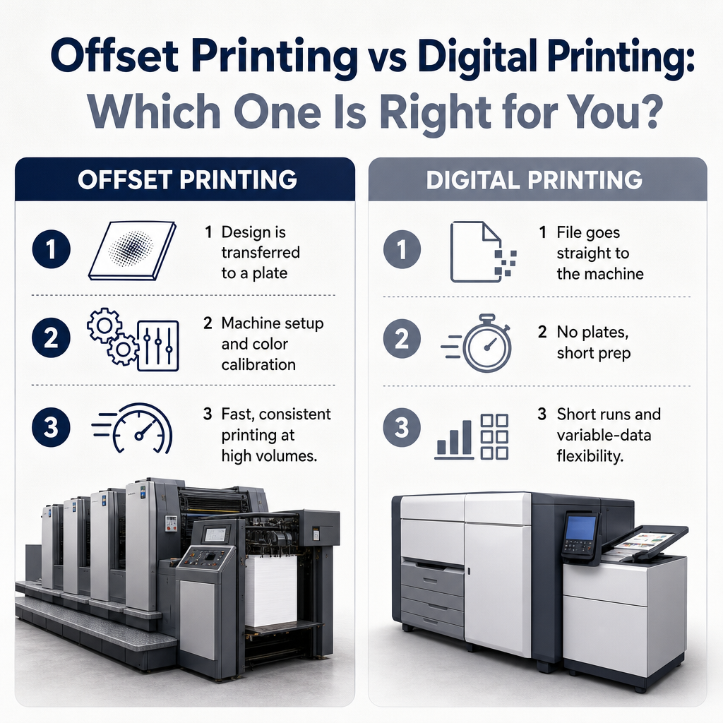 A two-column visual comparing the plate-based offset workflow with the plateless digital printing workflow.