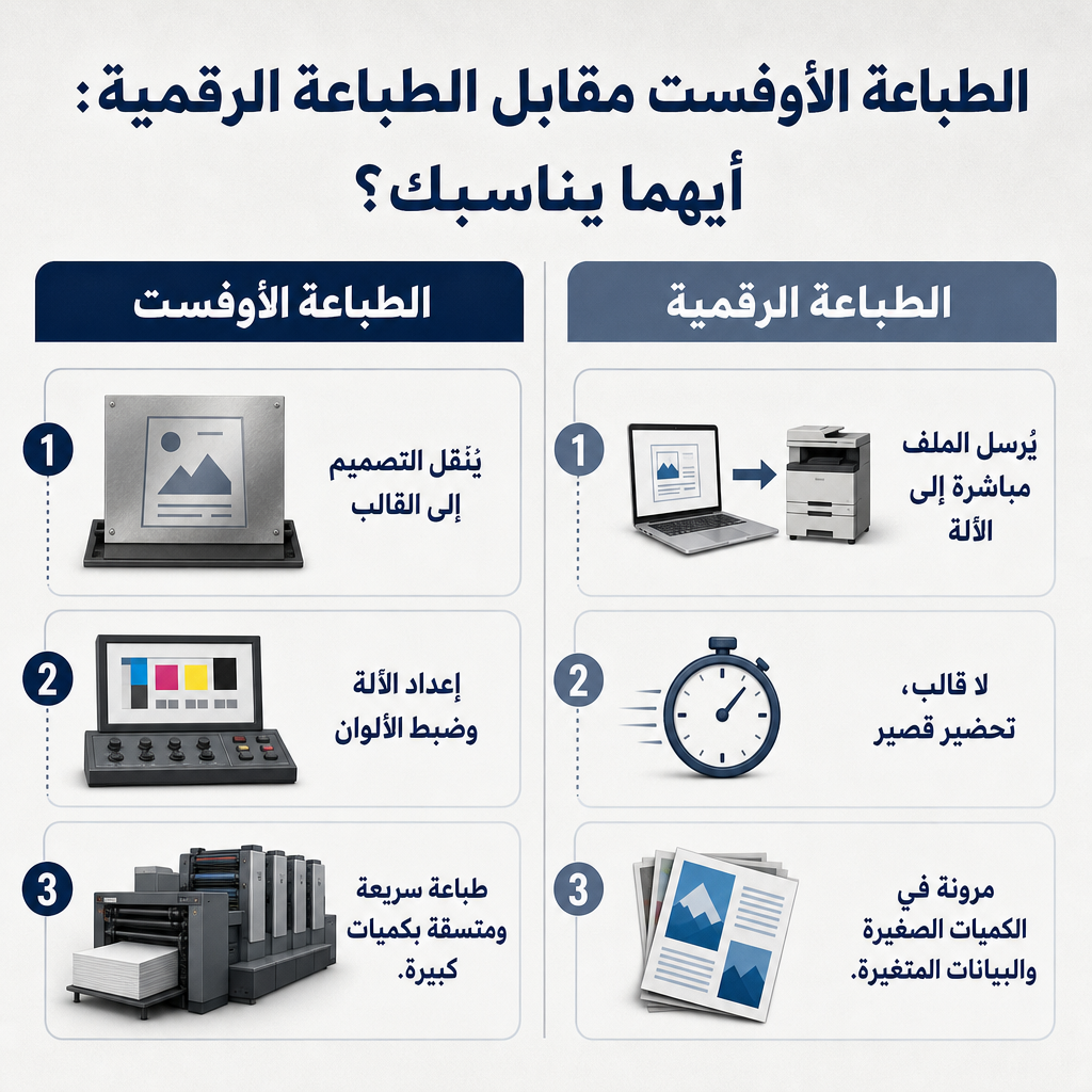صورة من عمودين تقارن سير العمل بالقالب في الطباعة الأوفست مع سير العمل بدون قالب في الطباعة الرقمية.