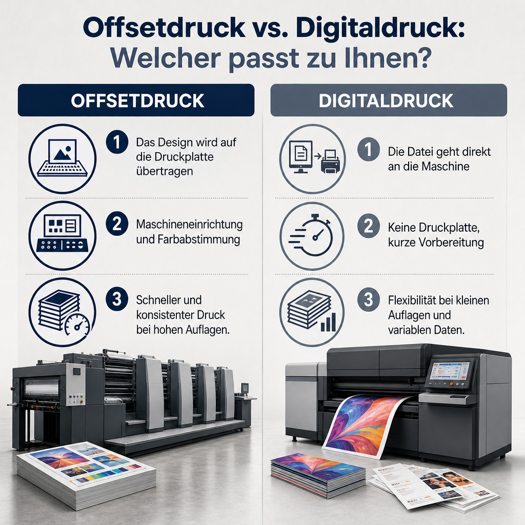 Zweispaltige Grafik, die den plattenbasierten Workflow des Offsetdrucks mit dem plattenlosen Workflow des Digitaldrucks vergleicht.