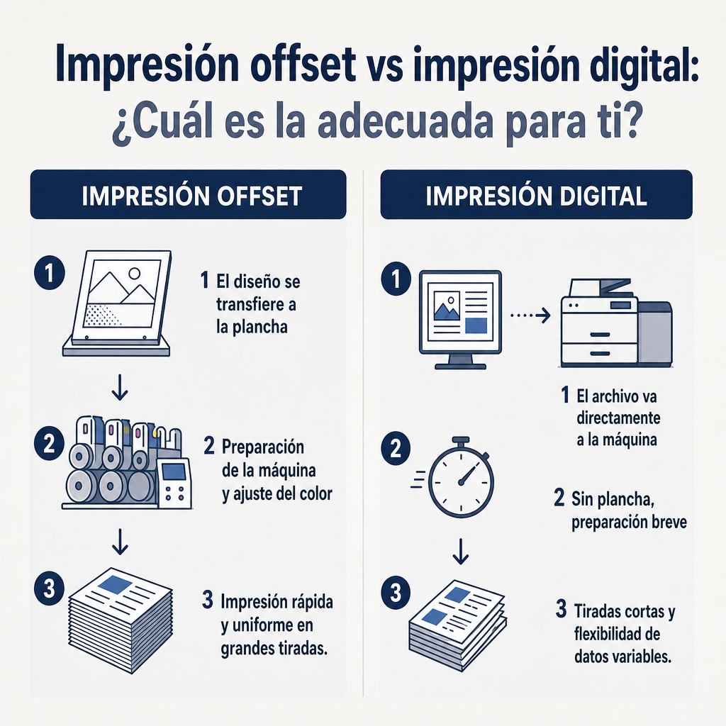Imagen a dos columnas que compara el flujo de trabajo con plancha de la impresión offset con el flujo sin plancha de la impresión digital.