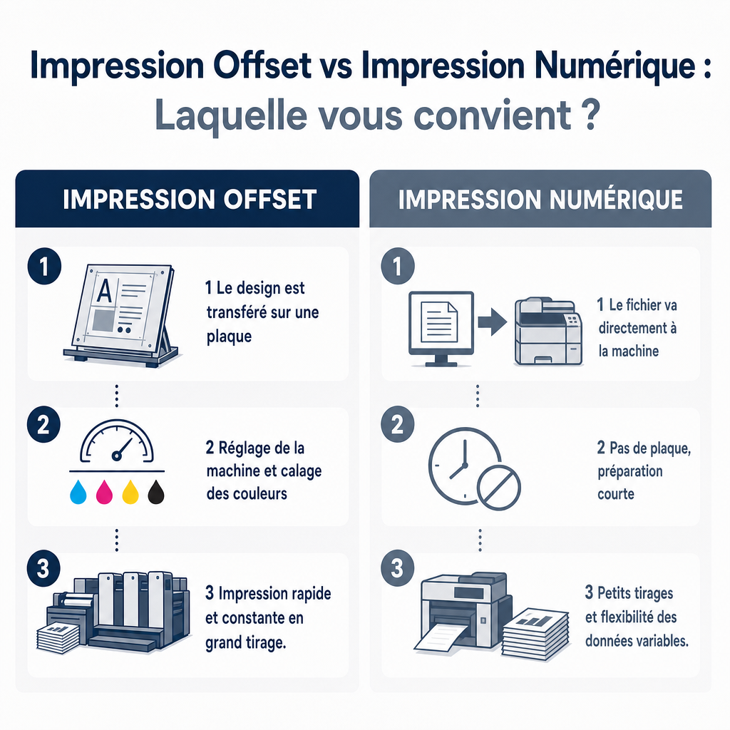 Visuel à deux colonnes comparant le flux de travail avec plaque de l'impression offset et le flux de travail sans plaque de l'impression numérique.