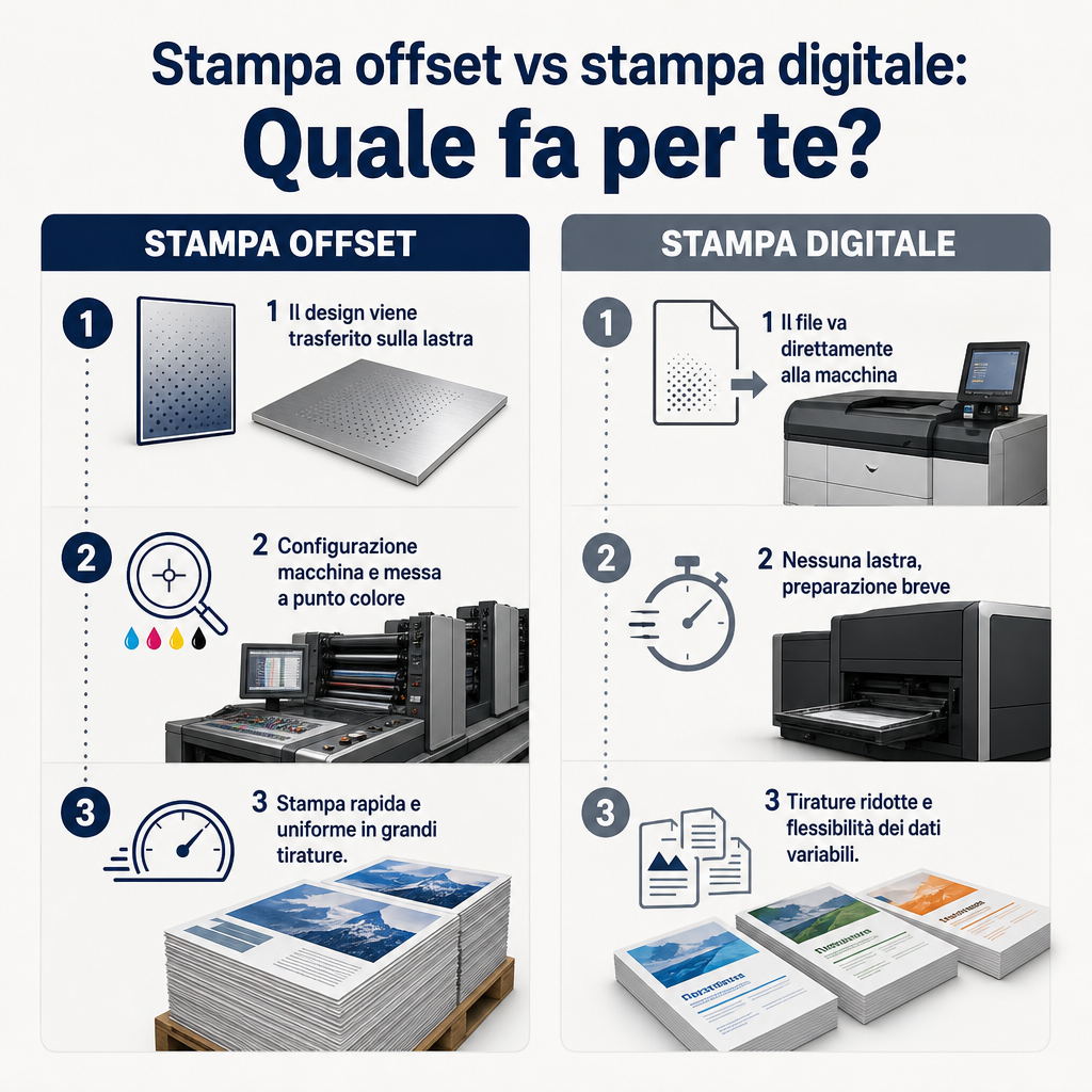 Immagine a due colonne che confronta il flusso di lavoro con lastra della stampa offset con quello senza lastra della stampa digitale.