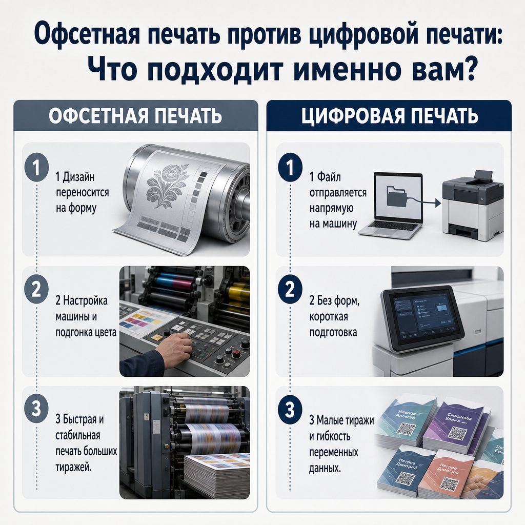 Двухколоночное изображение, сравнивающее рабочий процесс офсетной печати с формами и цифровой печати без форм.