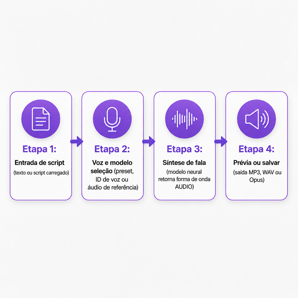 Diagrama mostrando quatro etapas, da entrada de script à seleção de voz, síntese e saída de áudio em um fluxo de trabalho do ComfyUI