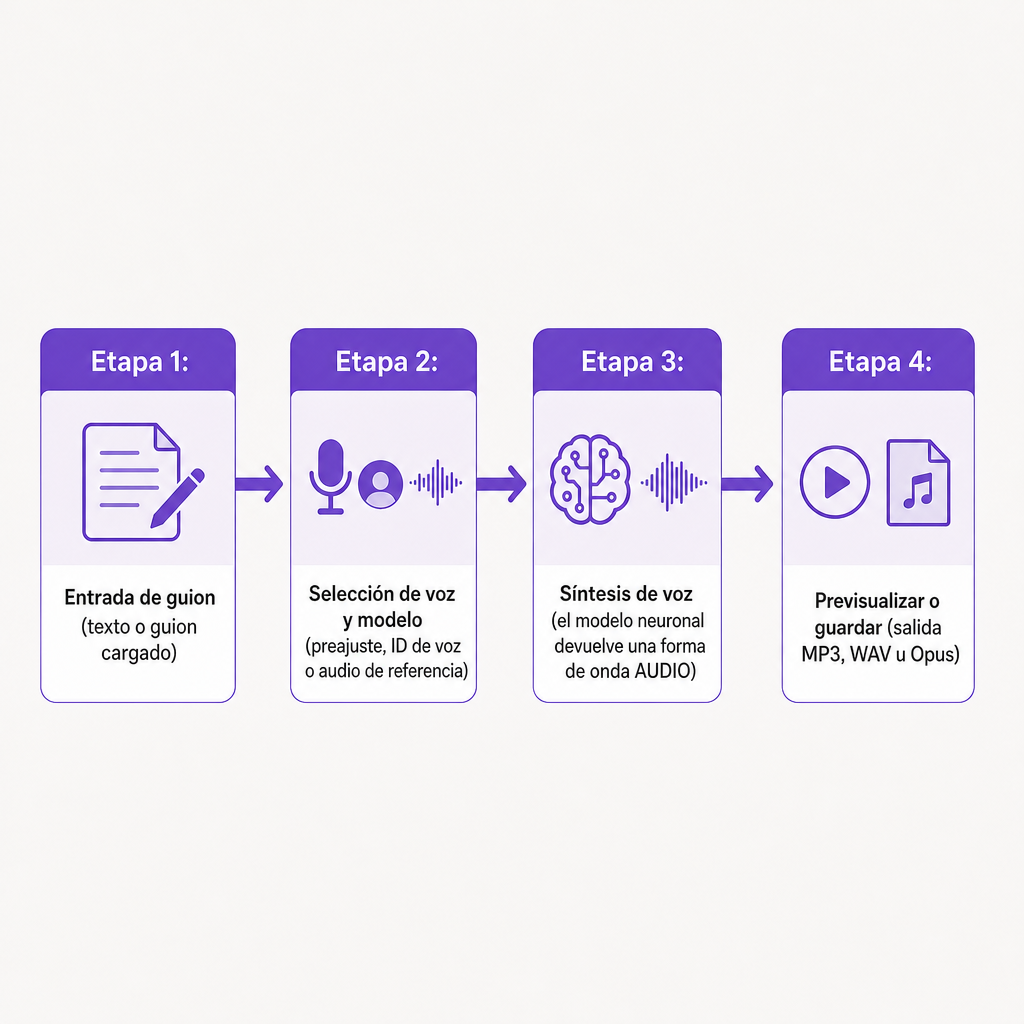 Diagrama que muestra cuatro etapas, desde la entrada de guion hasta la selección de voz, la síntesis y la salida de audio en un flujo de trabajo de ComfyUI