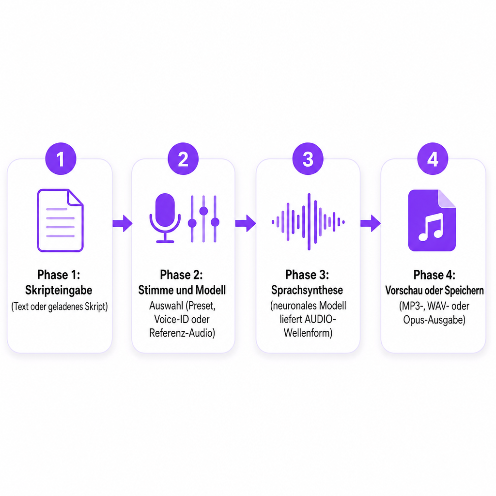 Diagramm mit vier Phasen von der Skripteingabe über die Stimmenauswahl und Synthese bis zur Audioausgabe in einem ComfyUI-Workflow