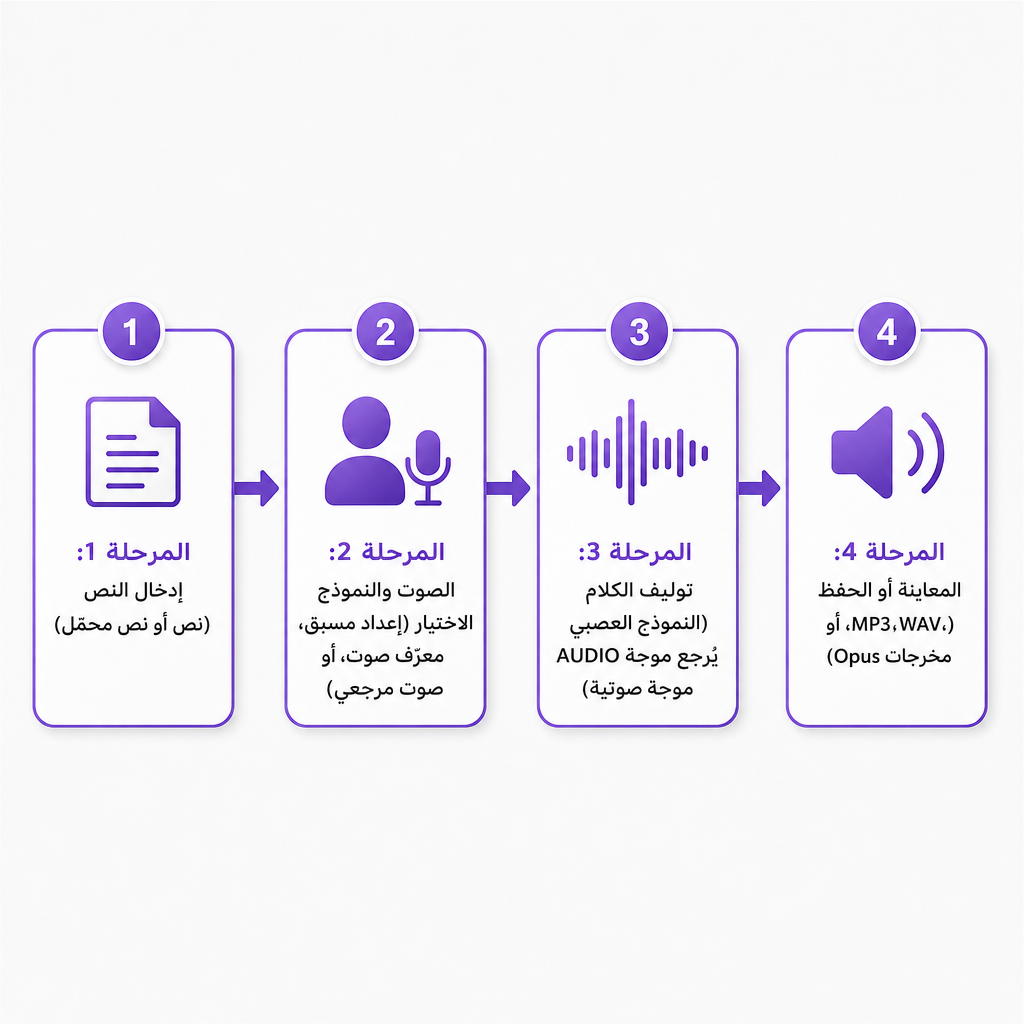 مخطط يوضح أربع مراحل من إدخال النص إلى اختيار الصوت إلى التوليف إلى مخرجات الصوت في سير عمل ComfyUI