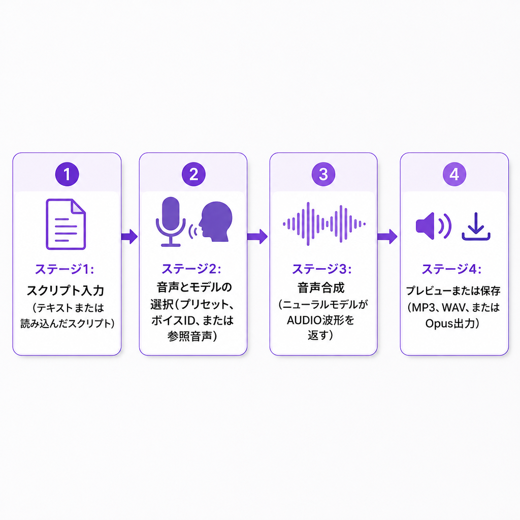 ComfyUIワークフローにおける、スクリプト入力から音声選択、合成、音声出力までの4つのステージを示す図