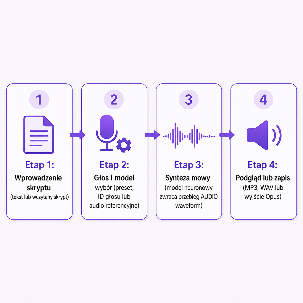 Diagram przedstawiający cztery etapy od wprowadzenia skryptu przez wybór głosu i syntezę do wyjścia audio w przepływie pracy ComfyUI