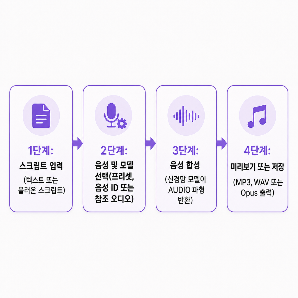ComfyUI 워크플로에서 스크립트 입력부터 음성 선택, 합성, 오디오 출력까지의 네 단계를 보여주는 다이어그램