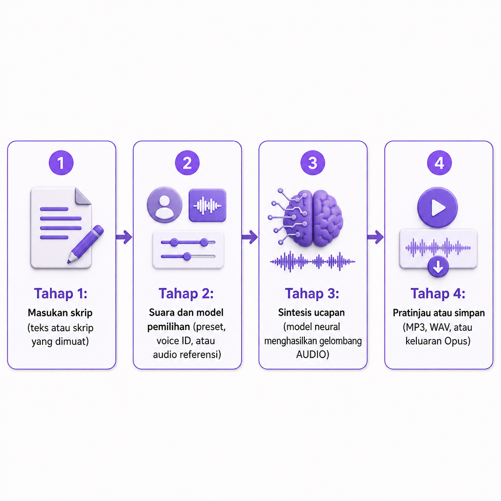 Diagram yang menunjukkan empat tahap dari masukan skrip ke pemilihan suara ke sintesis ke keluaran audio dalam alur kerja ComfyUI