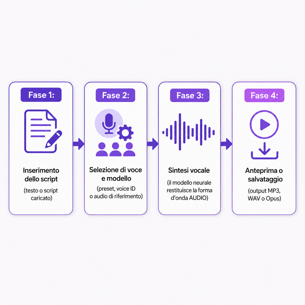 Diagramma che mostra quattro fasi, dall'inserimento dello script alla selezione della voce, alla sintesi, all'output audio in un flusso di lavoro ComfyUI