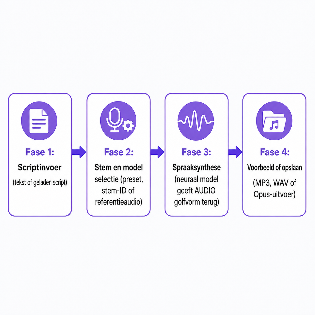 Diagram met vier fasen van scriptinvoer naar stemselectie naar synthese naar audio-uitvoer in een ComfyUI-workflow