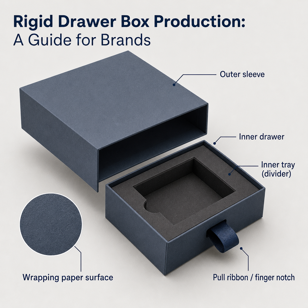Exploded technical drawing showing the outer sleeve, inner drawer, ribbon, and inner tray components of a rigid drawer box