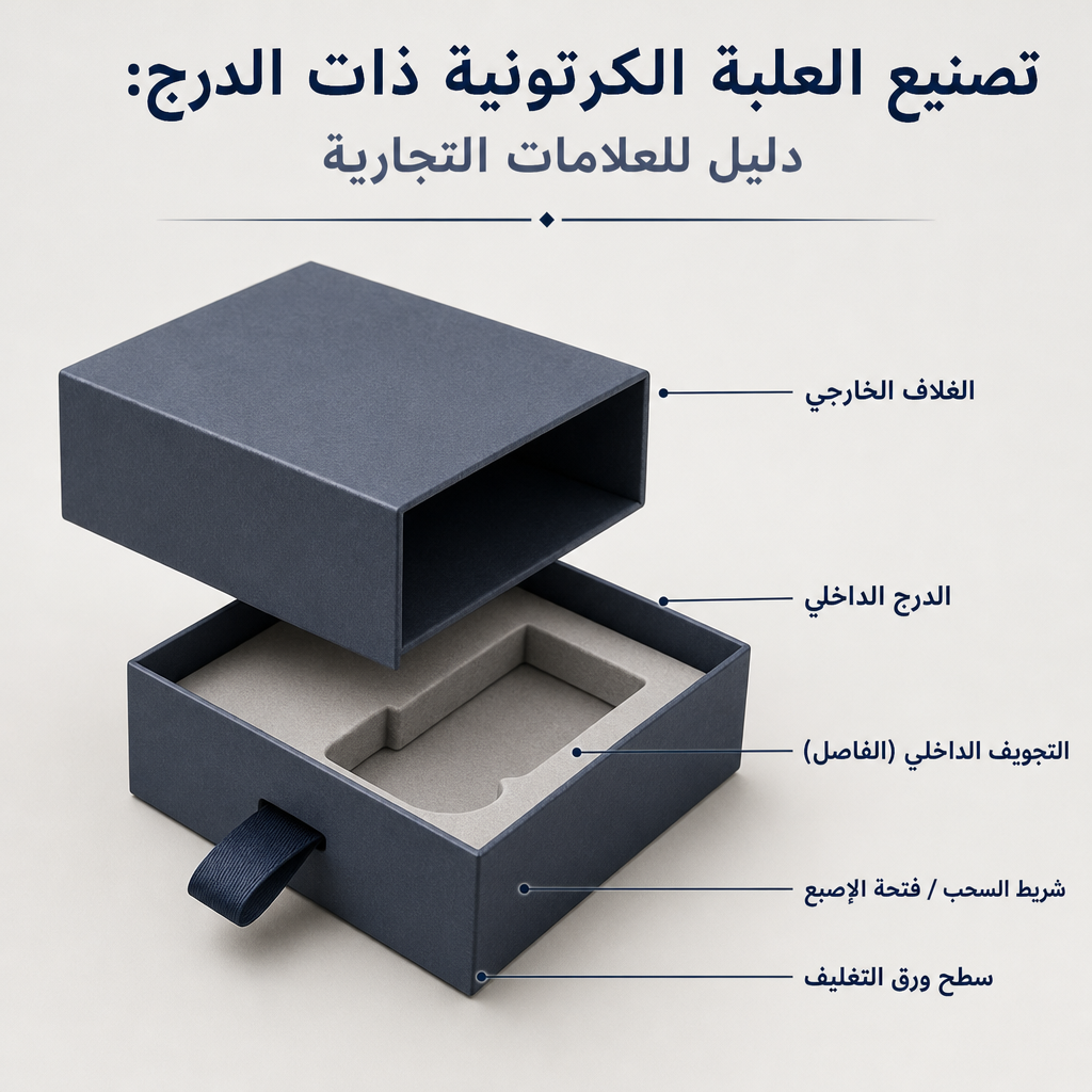 رسم فني مفصّل يوضح مكونات العلبة الكرتونية ذات الدرج: الغلاف الخارجي والدرج الداخلي والشريط والتجويف الداخلي