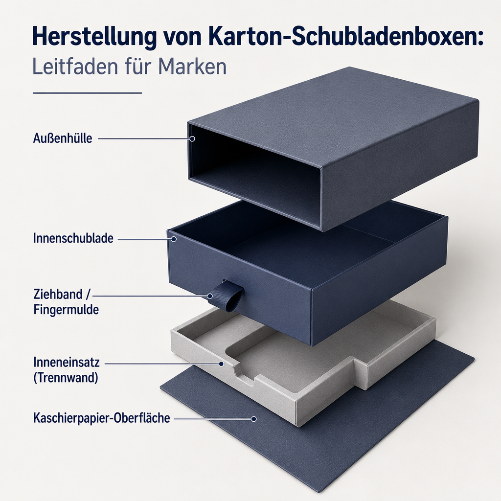 Explosionszeichnung einer Karton-Schubladenbox mit Außenhülle, Innenschublade, Band und Inneneinsatz-Komponenten