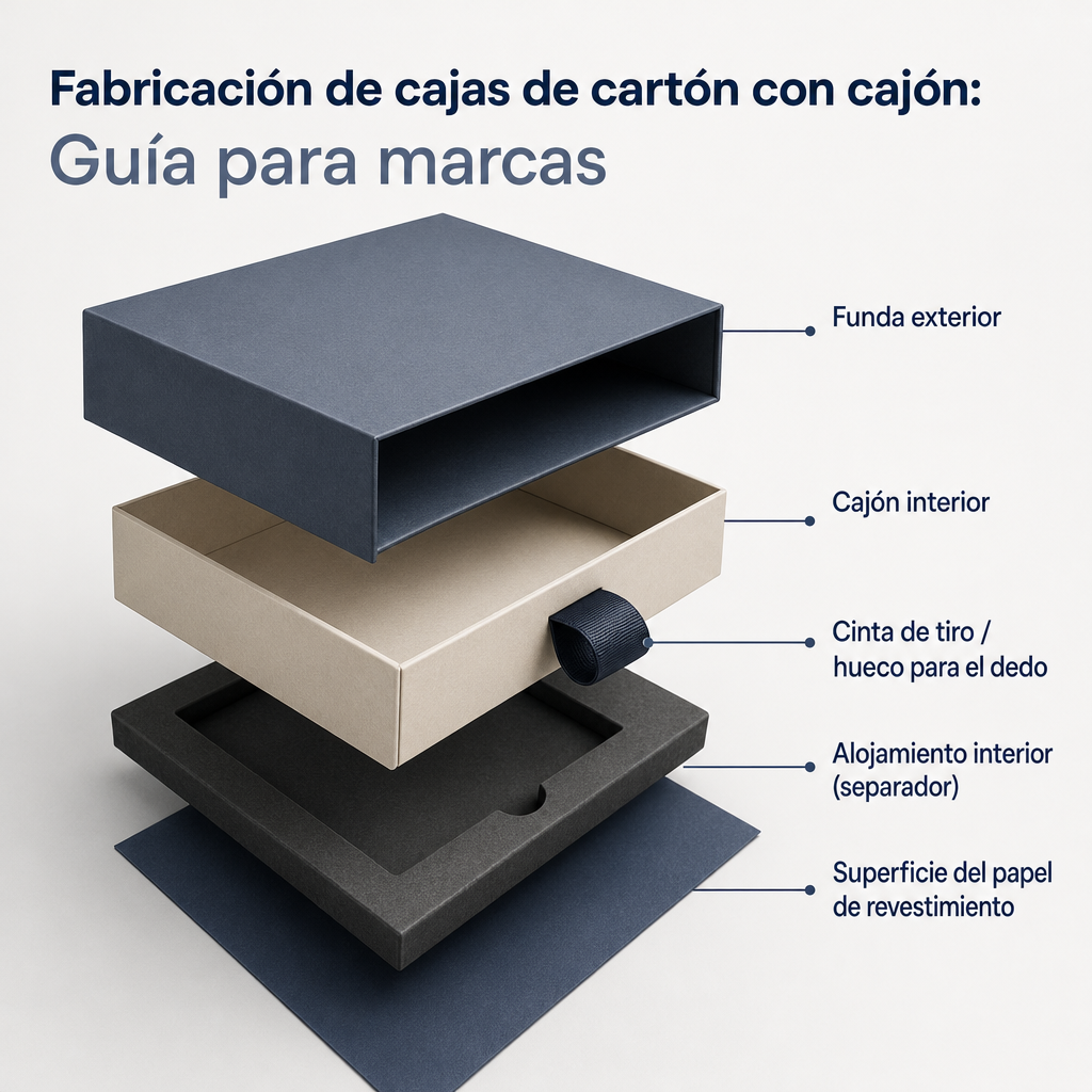 Dibujo técnico despiezado que muestra los componentes de funda exterior, cajón interior, cinta y alojamiento interior de la caja de cartón con cajón