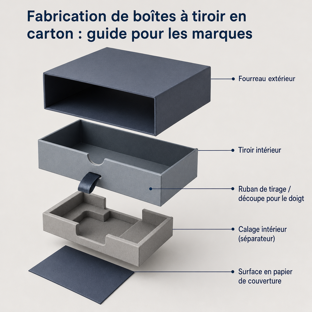 Dessin technique éclaté montrant le fourreau extérieur, le tiroir intérieur, le ruban et le calage intérieur de la boîte à tiroir en carton