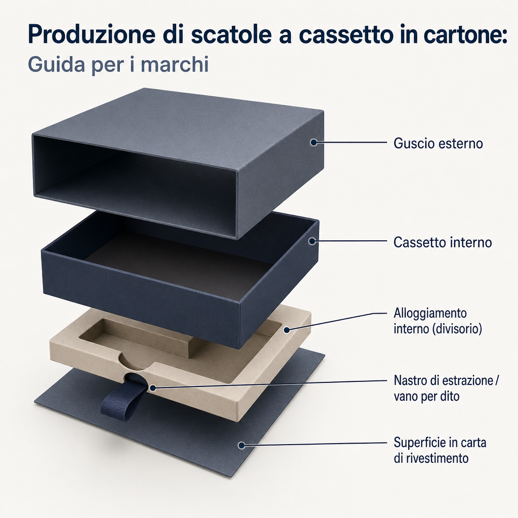 Disegno tecnico esploso che mostra i componenti del guscio esterno, del cassetto interno, del nastro e dell'alloggiamento interno della scatola a cassetto in cartone