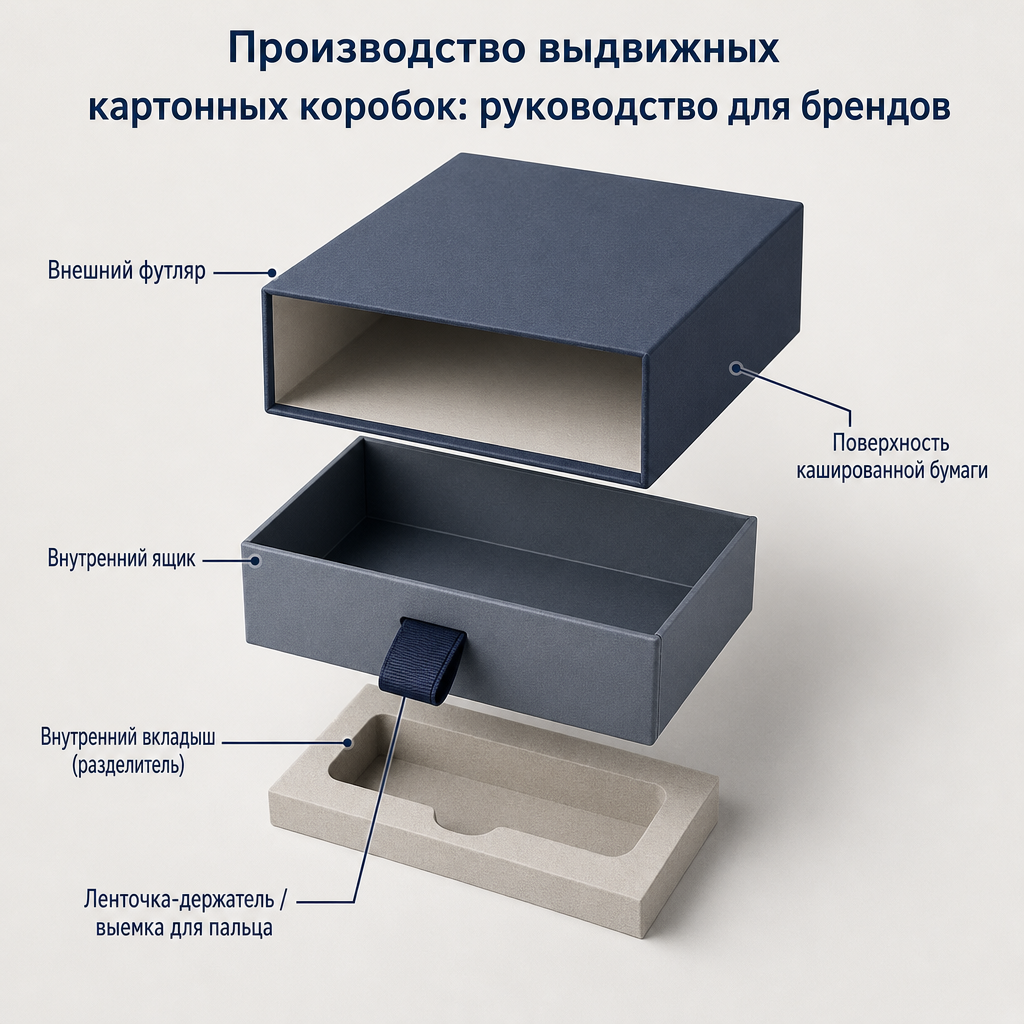 Детализированный технический чертёж выдвижной картонной коробки с внешним футляром, внутренним ящиком, ленточкой и внутренним вкладышем