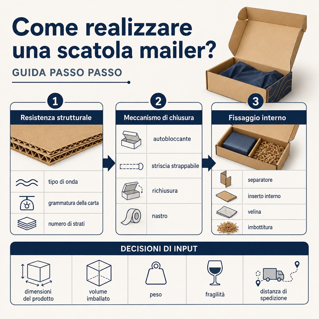 Diagramma che mostra i meccanismi di resistenza strutturale, chiusura e fissaggio interno che definiscono la decisione sulla scatola mailer