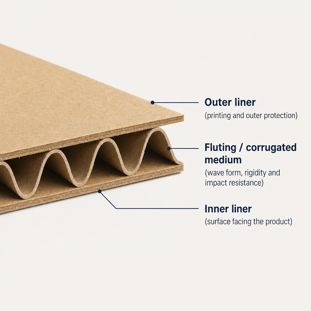 Cross-section diagram of single-wall corrugated cardboard consisting of outer liner, corrugated medium and inner liner
