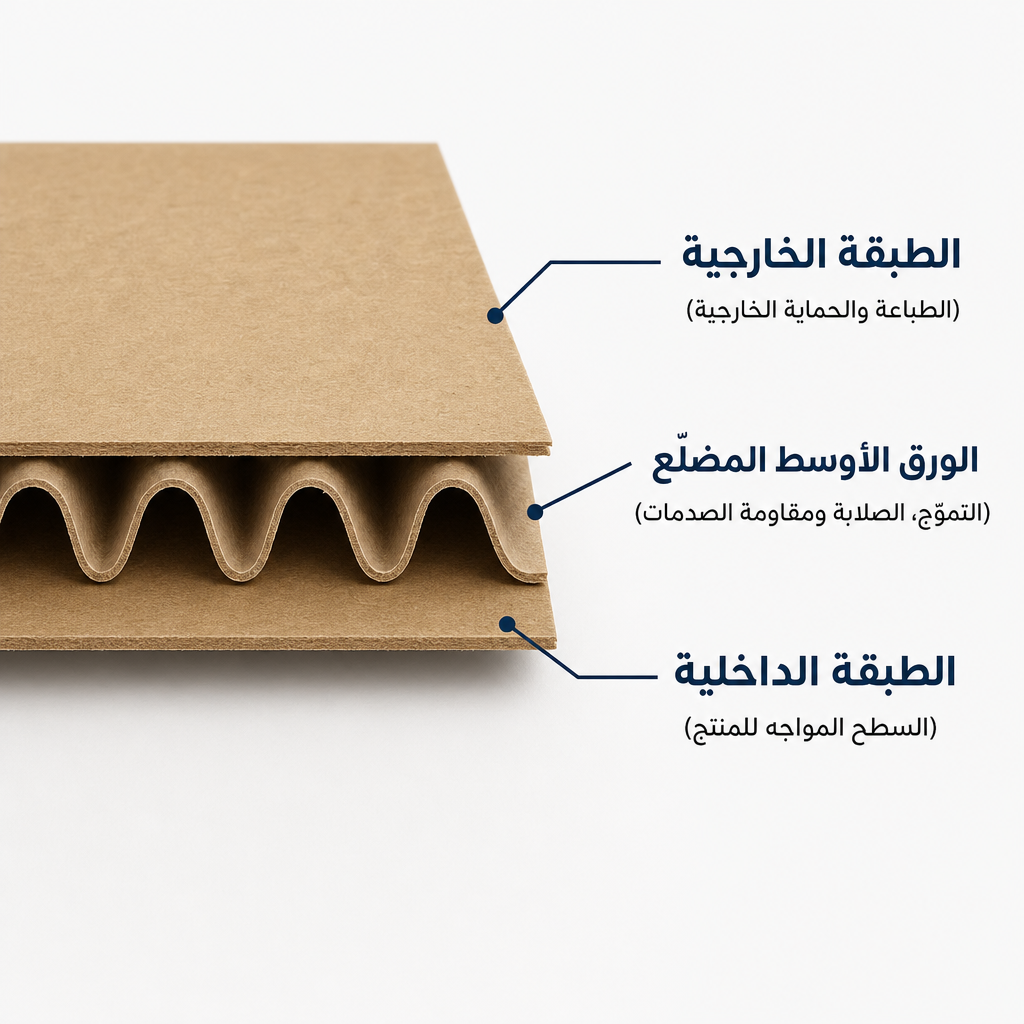 رسم مقطعي للكرتون أحادي التضليع المكوّن من طبقة خارجية وطبقة وسطى مموّجة وطبقة داخلية