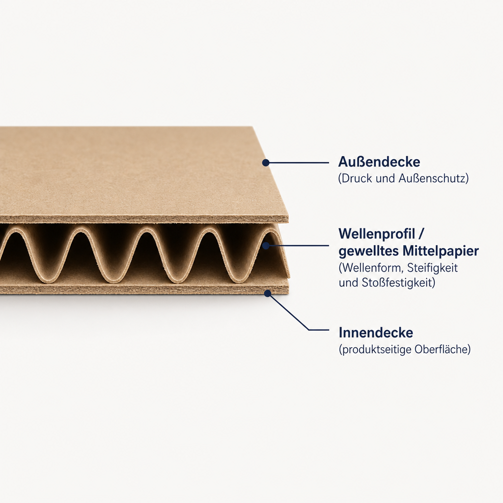 Querschnittsdiagramm einer einwelligen Wellpappe aus Außendecke, gewellter Mittellage und Innendecke