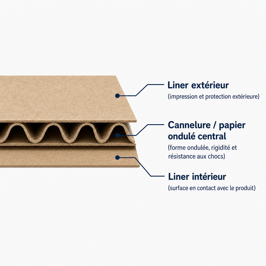 Schéma en coupe d'un carton ondulé simple cannelure composé du liner extérieur, de la couche ondulée centrale et du liner intérieur