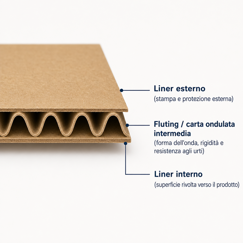Diagramma in sezione del cartone ondulato a onda singola composto da liner esterno, strato intermedio ondulato e liner interno
