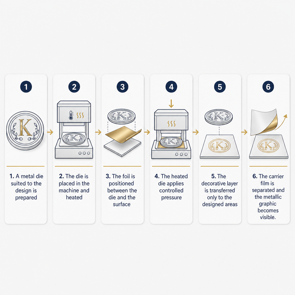 Diagram showing the six-step working process of hot foil stamping
