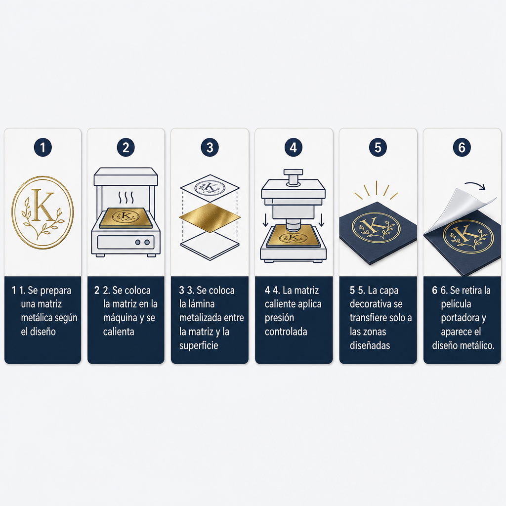 Diagrama de las seis etapas del proceso de estampación en caliente