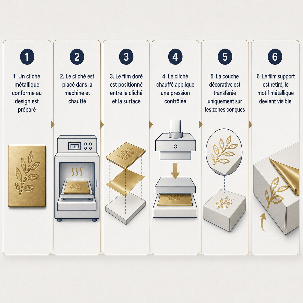 Diagramme montrant le processus de travail en six étapes de l'impression à chaud dorée