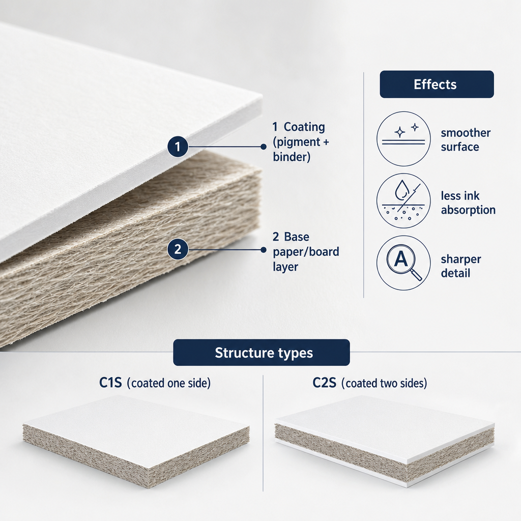 Cross-section diagram showing the base layer of coated paper and the coating layer on top