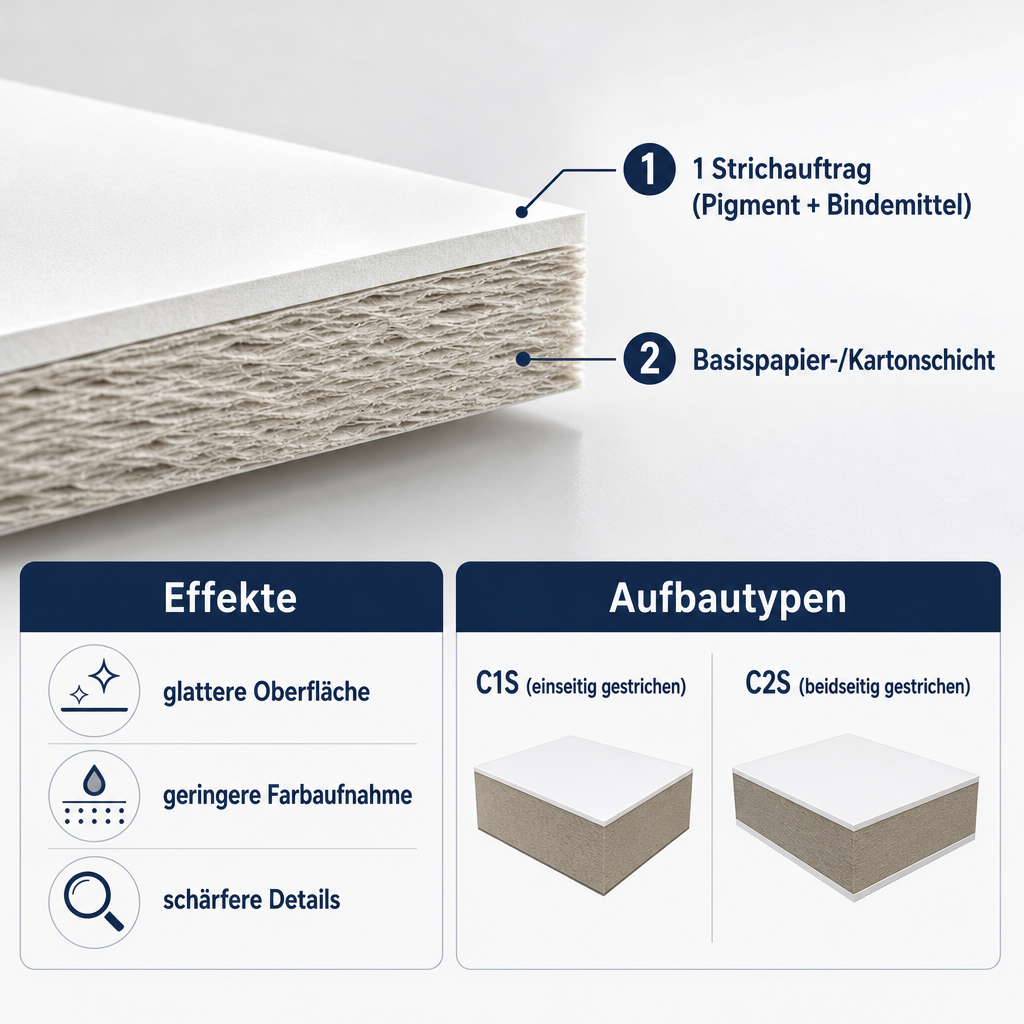 Querschnittsdiagramm, das die Basisschicht des gestrichenen Papiers und die darüberliegende Strichschicht zeigt