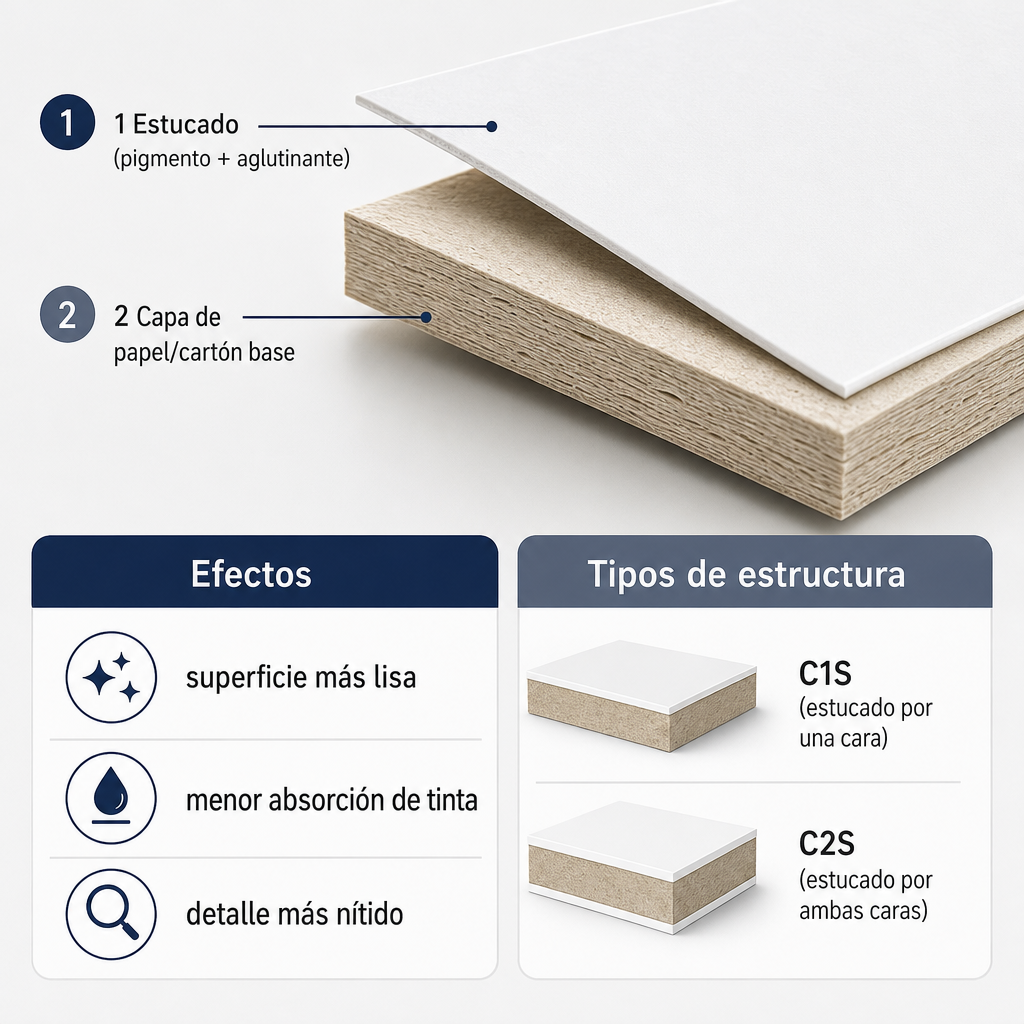 Diagrama en sección que muestra la capa base del papel estucado y la capa de estucado sobre ella