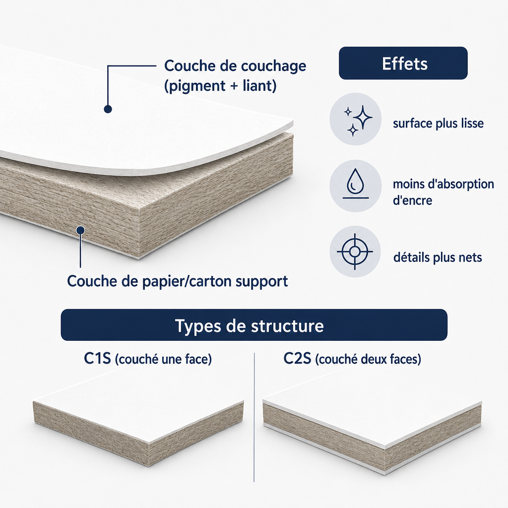 Diagramme en coupe montrant la couche support du papier couché et la couche de couchage au-dessus