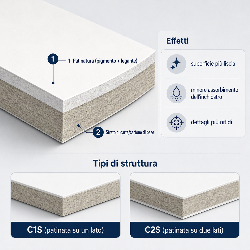Diagramma in sezione che mostra lo strato di base della carta patinata e la patinatura sovrastante
